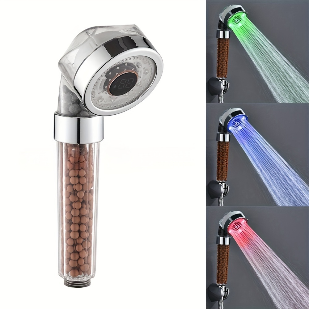

1pc Led Temperature Display Handheld Shower Head, 3-color Changing Filtered Showerhead, Plastic Material, High Pressure Water Saving Bath Sprayer, Bathroom Accessories