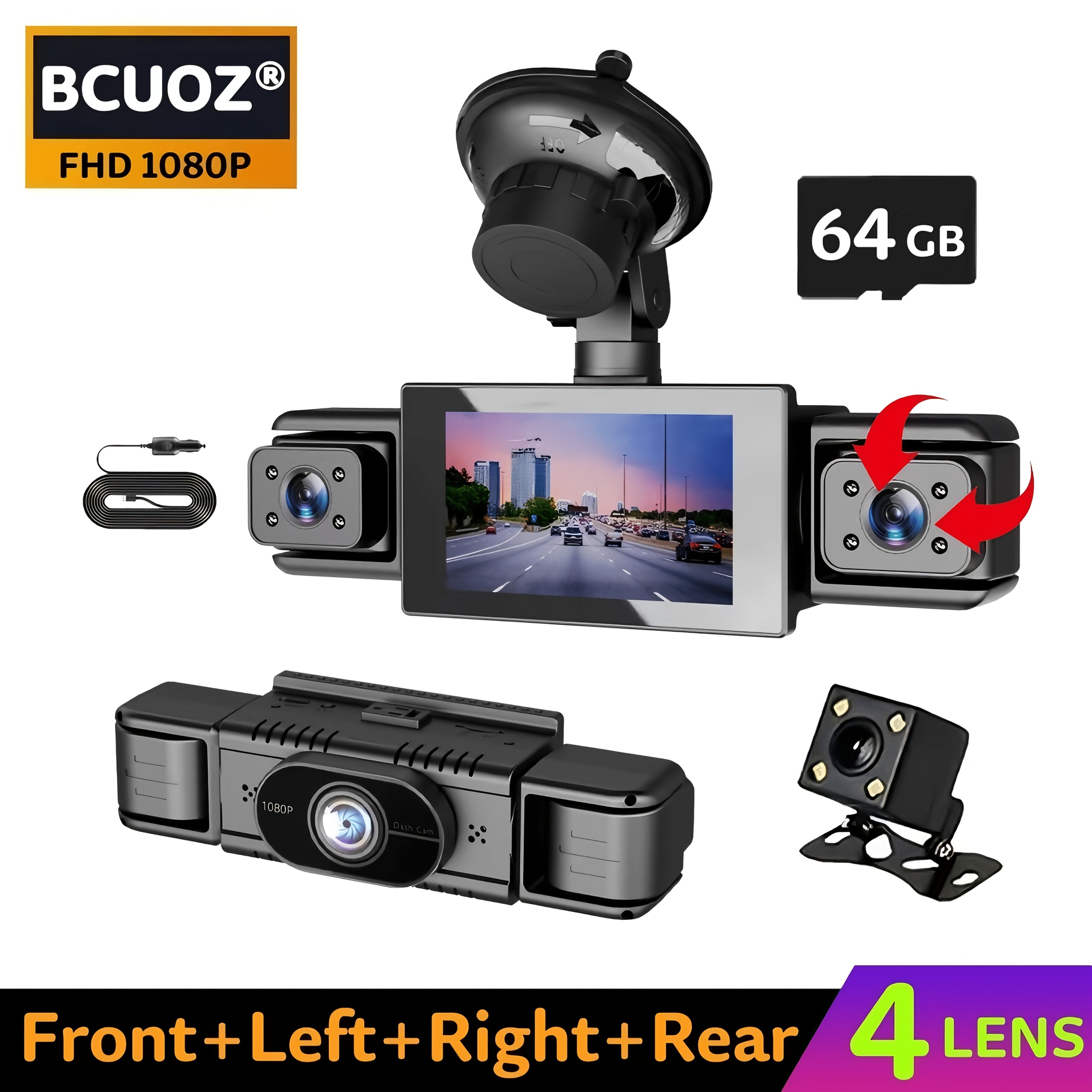 Image of 4-lens Car Dash Cam, 3.0" Ips, 1080p Hd Night Vision, 360° Front/back/ Recording, 12-24v Vehicle Power, Optional Memory Card, Rechargeable Battery, For Taxi/truck