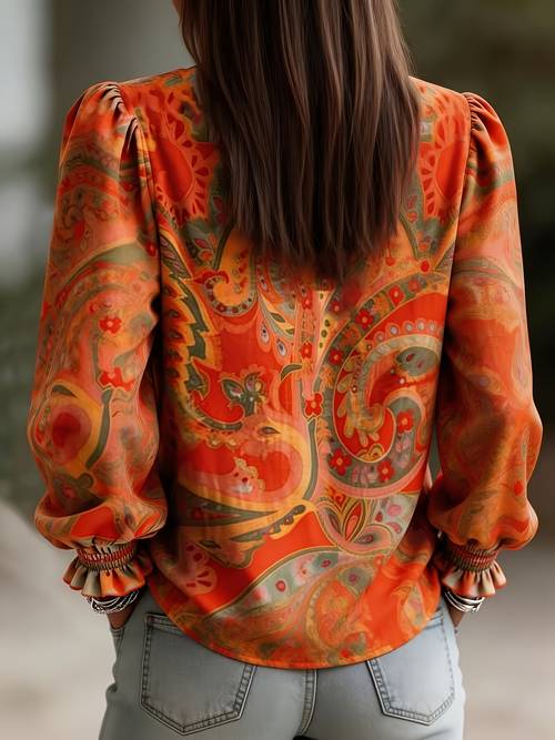 womens autumn vintage paisley print v neck lantern sleeve top