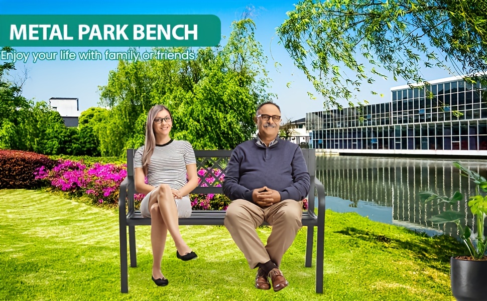 [Iron Frame Patio Bench Black] Garden Bench, Outdoor Benches, Iron Steel Frame Patio Bench with Mesh Pattern and Plastic Backrest Armrests for Lawn Yard Porch Work Entryway, Black