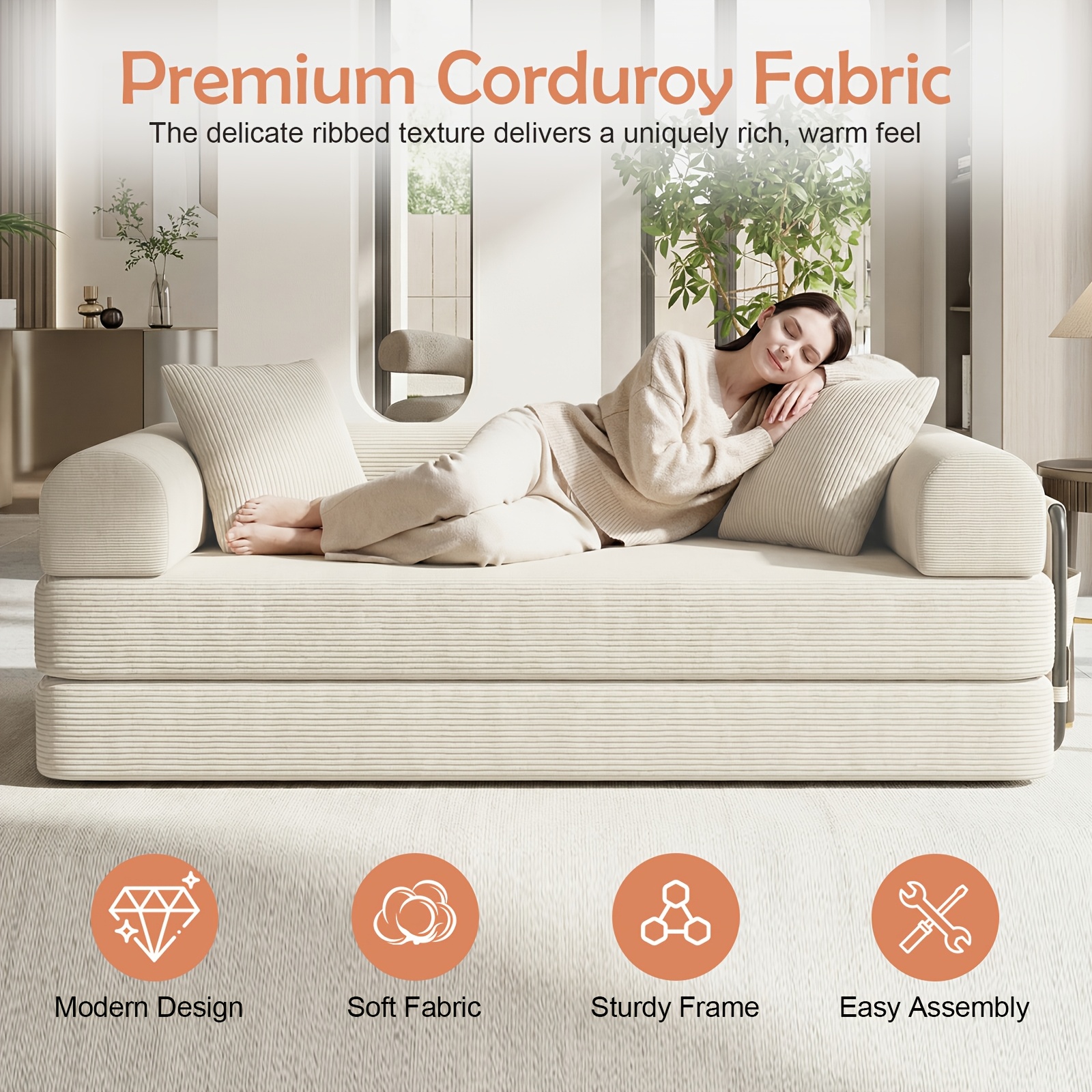 78-inch Modern Corduroy Sofa Bed with High-Density Foam - Convertible Sleeper Suitable for Guest Room, Home Office, Dorm, Space-Saving Folding Bed, Assembly, Corduroy Upholstery for Small Apartments & Multifunctional Furniture