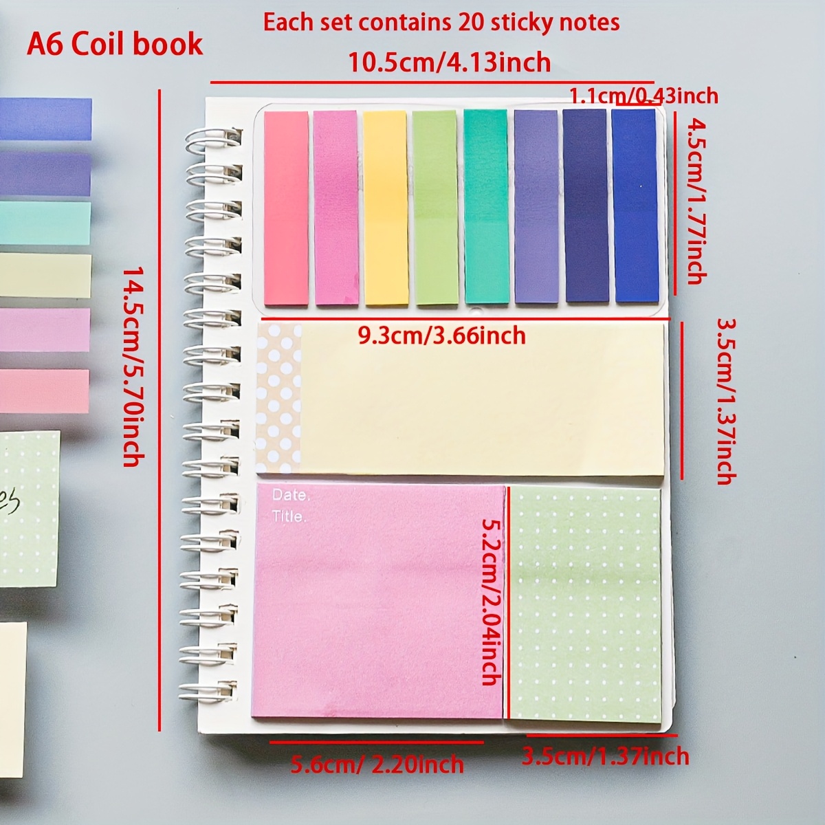 TEMU 1pc Coil Notebook With 20pcs Sticky Notes Per Pack, And Adhesive Pet Index Stickers For Loose-leaf Notebooks, Classification Labels Stickers For