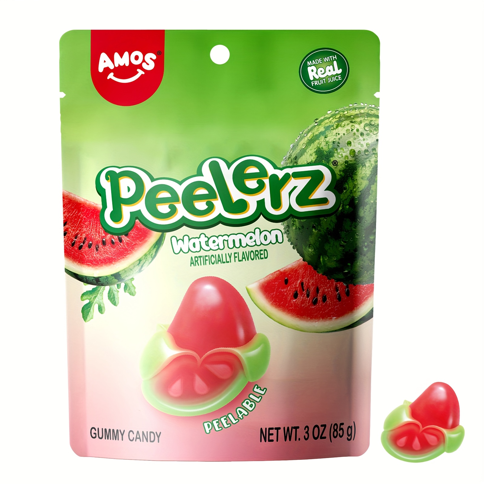 [New product offer!]AMOS Peelerz Watermelon Gummy Candy, Peelable Fruit-Inspired Candy, 3 oz Pack---Playful Watermelon Snack with 3D Shape, Made with Real Juice.