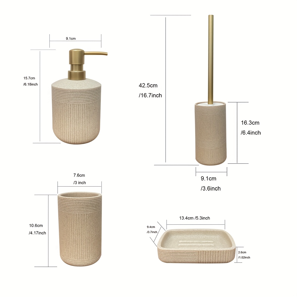 Modern Bathroom Set with Beige & Golden Accents - Includes Soap Dispenser, Toilet Brush Holder, Toilet Paper Holder, and Tray - Elegant Bathroom Organizer for Vanity, Or Bathroom Decor, Vanity Storage, Sleek Design, Durable Construction
