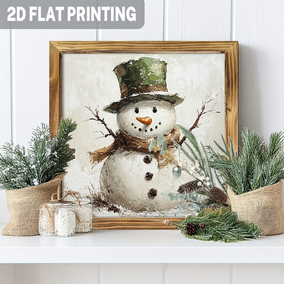 TEMU 2d Flat, 1pc Rustic Wooden Frame Snowman & Pine Wall Art - 8"x8" Farmhouse Christmas Decoration, Reusable Winter Scene Painting With 2d Flat