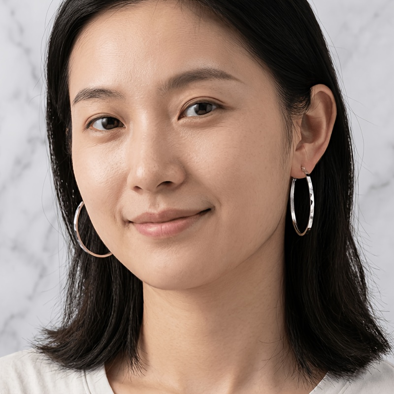 Silvery Square Patterned Circular Earrings, Stylish Gift