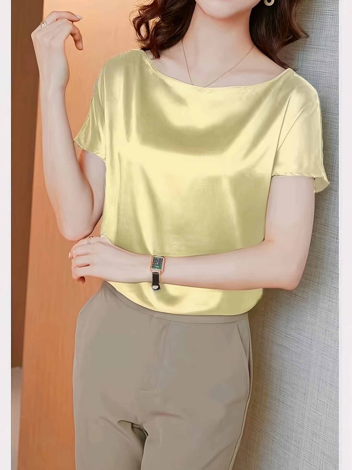 Womens Elegant Short Sleeve Blouse Loose Fit Short Length