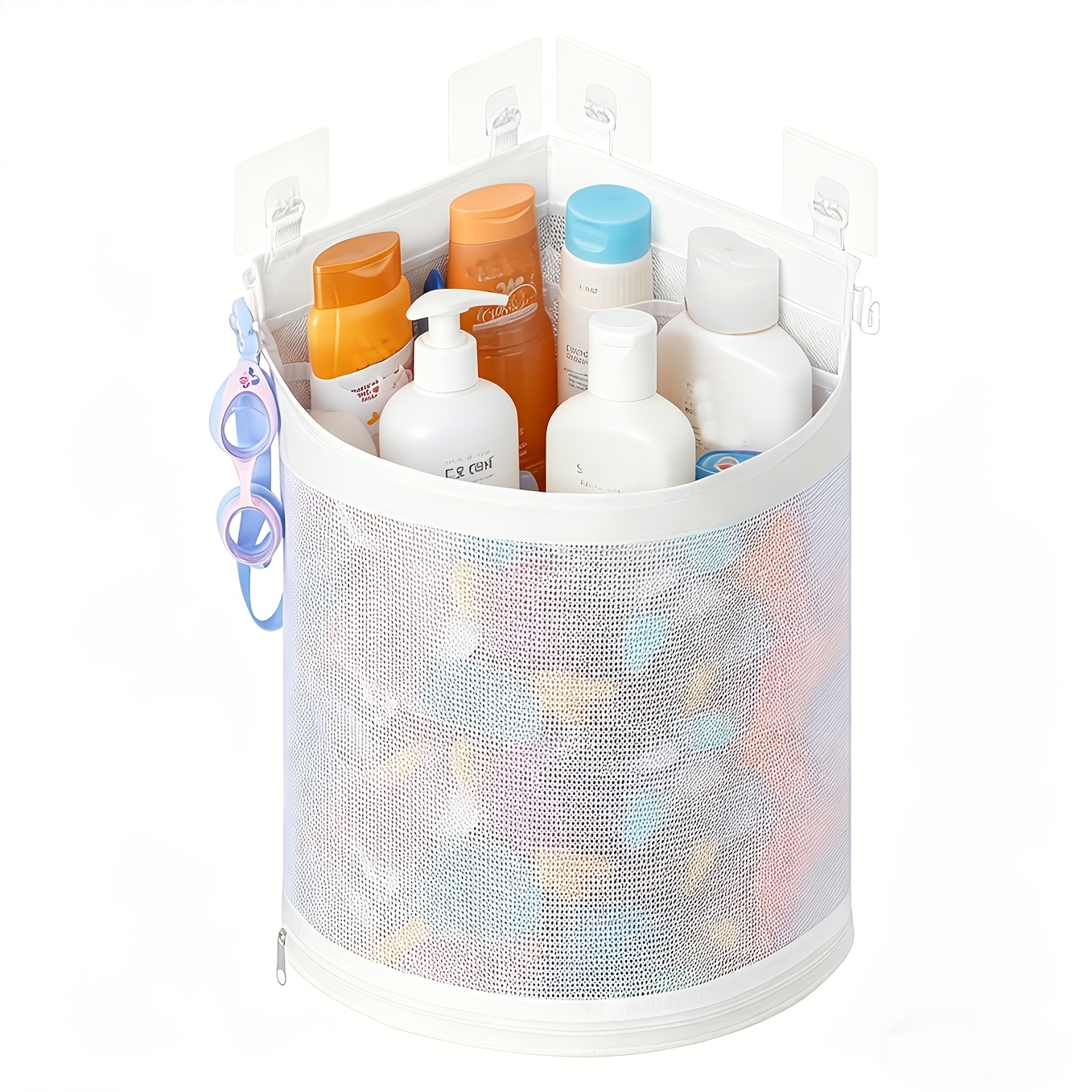 Bath Storage Holder, Mesh Shower Caddy For Bathtub Organizer, Corner Hang-suspension Shower Holder, Bath Basket With 4 Adhesive Hooks