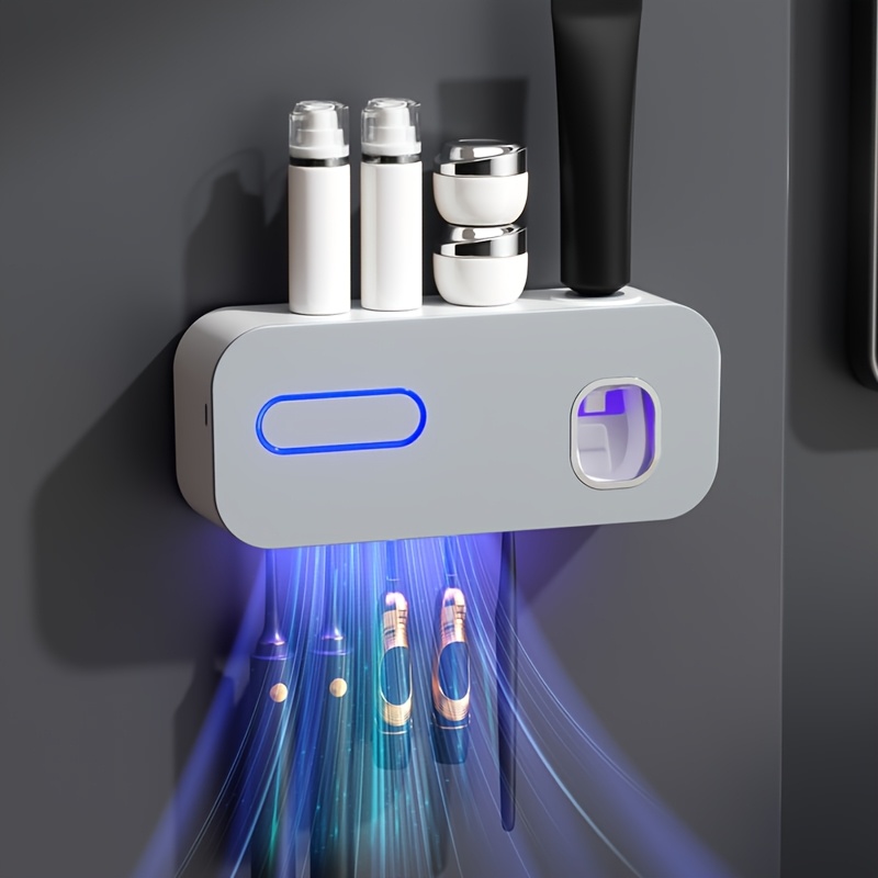 TEMU 1 Smart Toothbrush Sterilizer With Automatic Toothpaste Dispenser - Wall-mounted, 5-slot Storage, Durable Plastic, Usb Rechargeable Lithium
