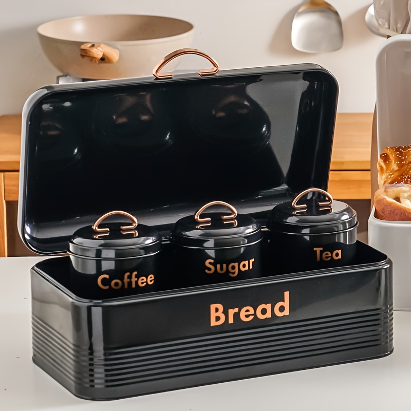 4pcs, Black Metal Kitchen Storage Canister Set With – Bread Box, Coffee,  Tea, And Sugar Containers – Shatterproof, Reusable, Hand Wash Only,