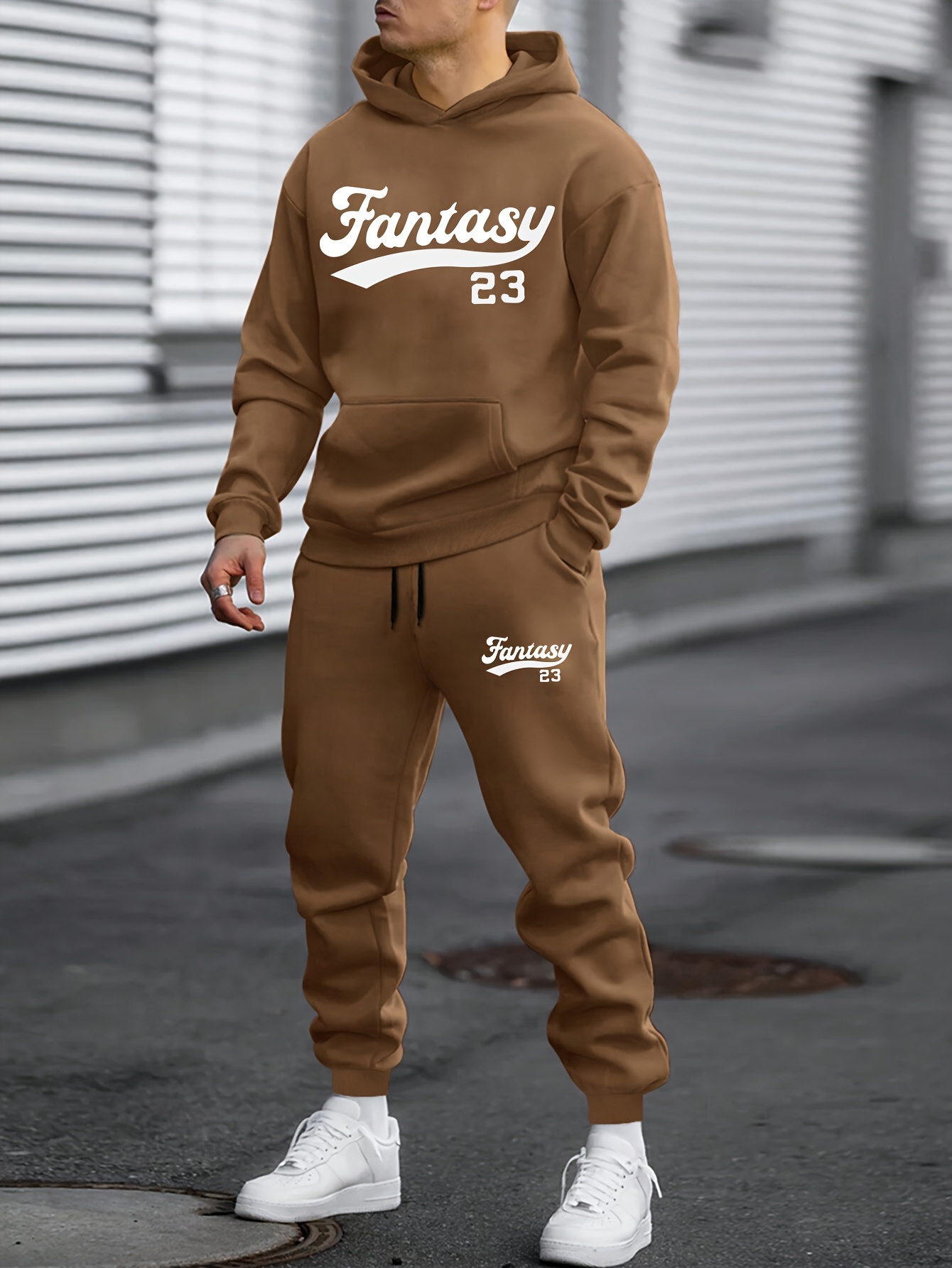 2pcs *'S Casual Streetwear Hoodie Sweatpants Set &*;Fantasy  Print, Brown Pullover with Drawstring Hood, Matching Joggers, White  Sneakers