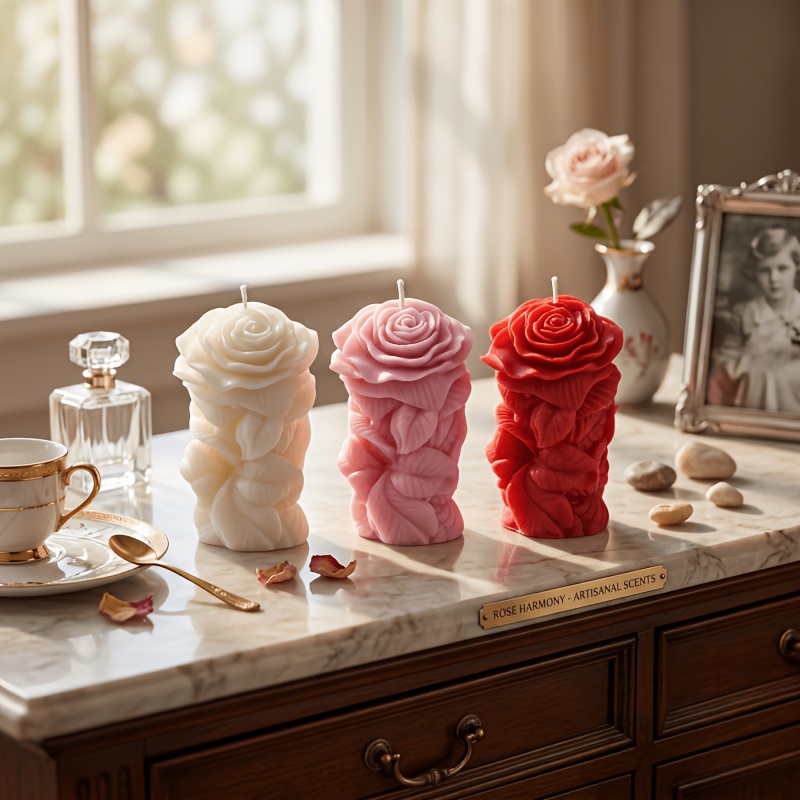 Rose Pillar Scented Candle, 3D Carved Candle, Made of Soy Wax. Suitable for Wedding Table Centerpieces, Valentine's Day, Home Decor, Dinner Parties, and Photo Props