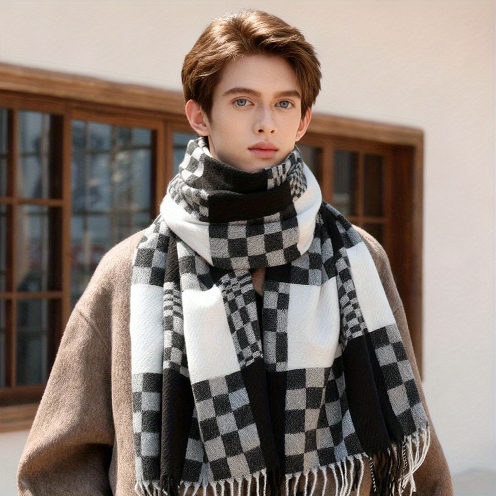 TEMU Écharpe à motif à carreaux pour homme, 1 pièce, cache-col long automne/hiver, châle d'extérieur élégant, protège-cou épaissi haut de gamme pour