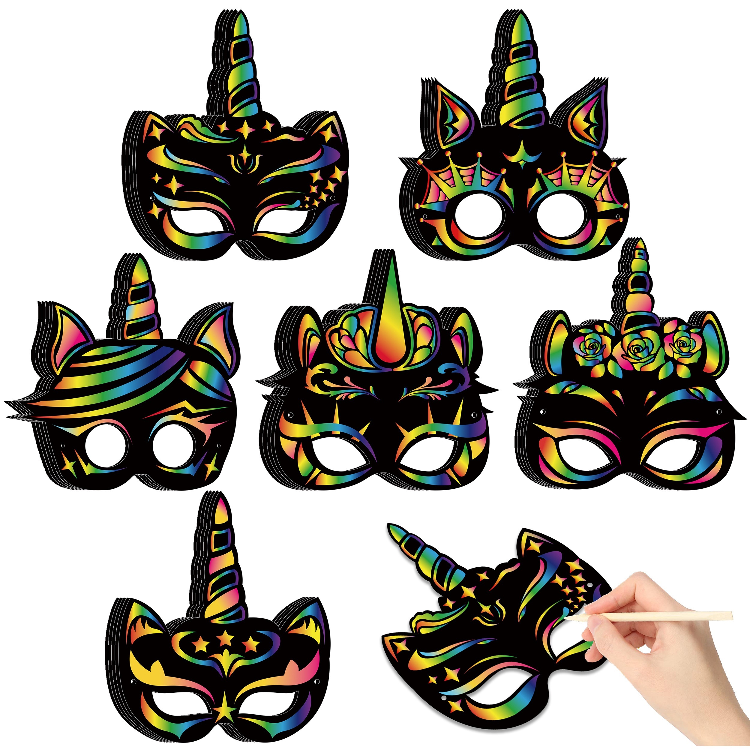 

12pcs/24pcs Magic Unicorn Mask Diy Masks Party Favors Color Reveal Scratchboard Theme Birthday Party Supplies Decorations Dress Up Costumes Crafts Kit With Stylus & Rope