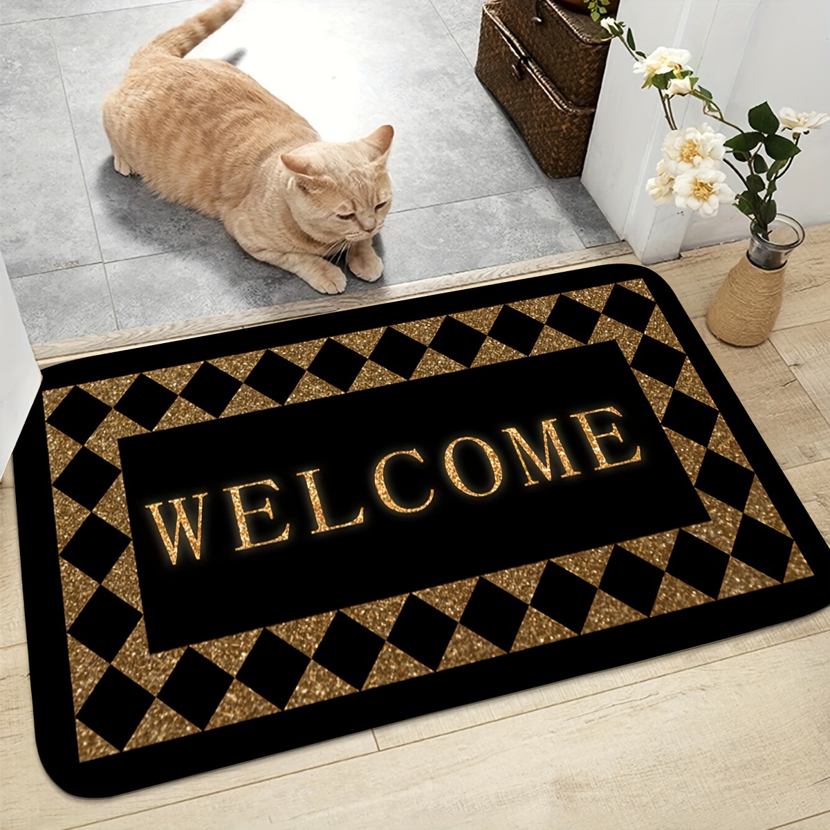 

Welcome Door Mat For Home, Kitchen, And Bathroom - Non-slip, Wear-resistant Multipurpose Rug - 1 Piece, 100% Polyester, Hand Wash Only, Gold-black Design