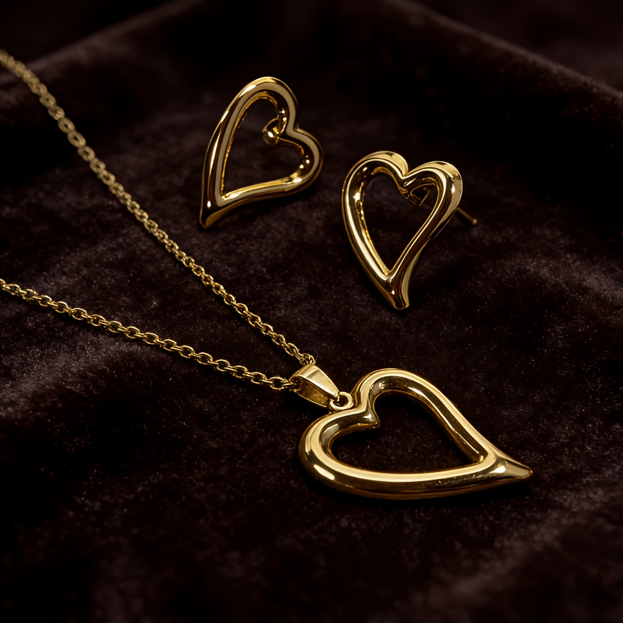TEMU Parure 1 pièce style minimaliste avec boucles d'oreilles clous et collier en acier inoxydable doré avec décoration de cœur , adaptée à un usage