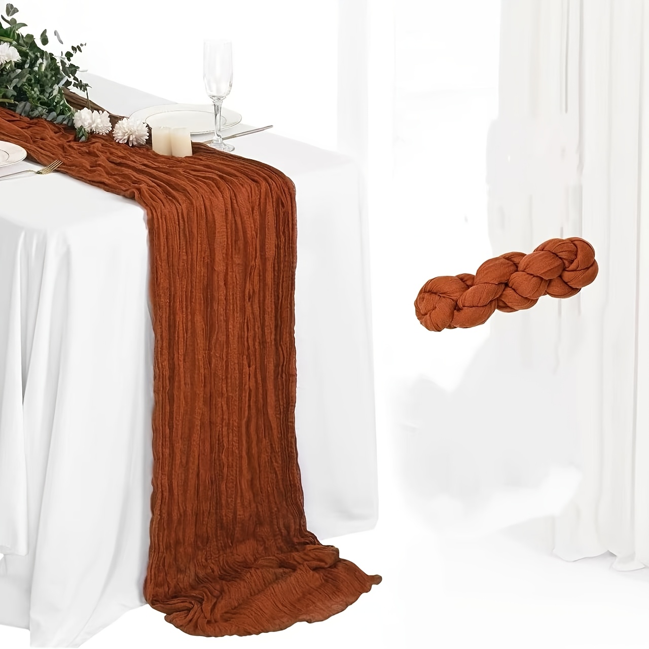 TEMU Fall Thanksgiving Table Runner Terracotta Cheesecloth Gauze Burnt Orange Boho Rustic Farmhouse 120 Inch 10ft, Cheese Cloth Runner For Wedding