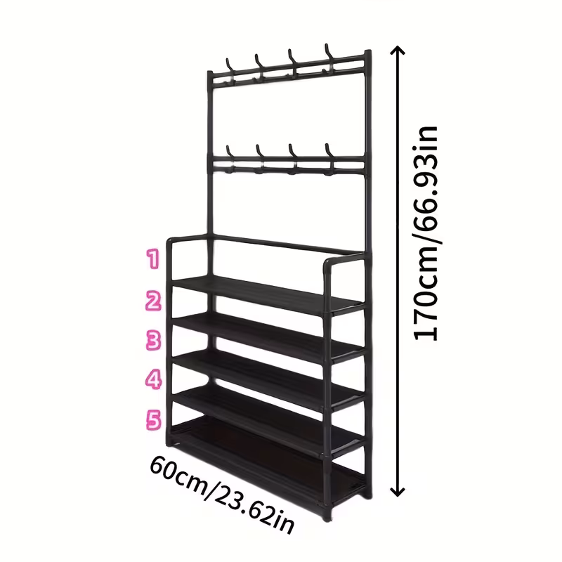 5 tier multifunctional storage rack with 8 double hooks stainless steel freestanding shoe clothes organizer space saving heavy duty metal frame for living room bathroom retail store display shoe storage organizer versatile shelving unit contemporary furniture construction standing shelf Product details 1