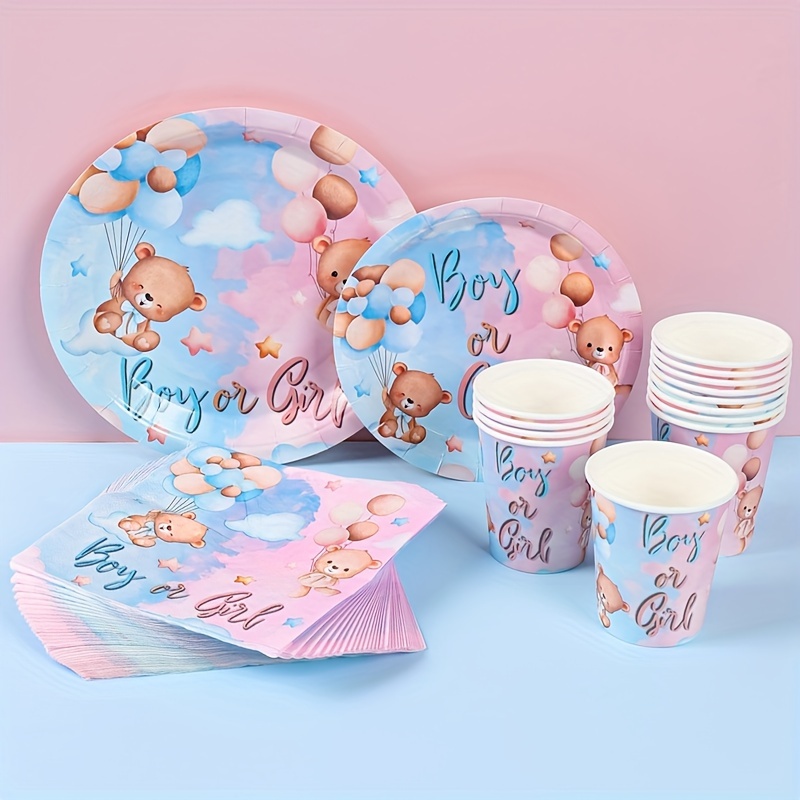 

Gender Reveal Party Pack - Bear-themed Disposable Tableware Set With Pink & Blue Cups, Plates, Napkins For Baby Shower Decorations