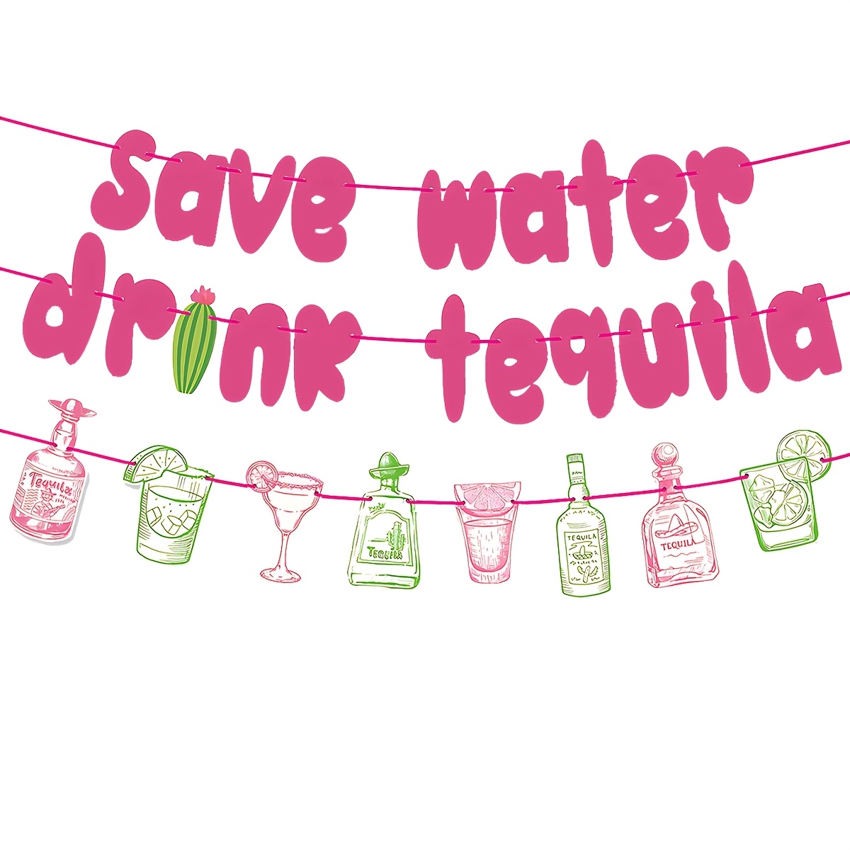 Image of 1pack (including 29pcs) Tequila Theme Party Banners - ", Drink Tequila" Humorous Text With Pink/green Color Scheme, Perfect For Birthday/summer/tequila-themed Celebrations Christmas Halloween