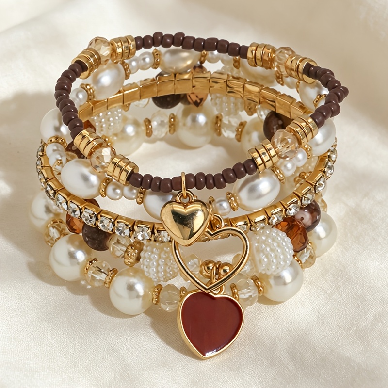 TEMU Lot de 5 bracelets main de style bohème avec breloque cœur , adaptés pour un usage et les fêtes, toutes saisons