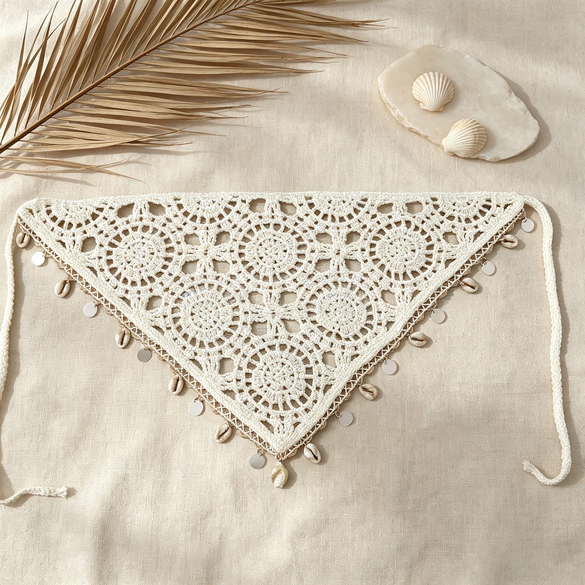 TEMU Tocado bohemio con colgante de concha, 1 pieza - Pañuelo para la cabeza triangular tejido a mano con concha, para el cabello con , adecuado para