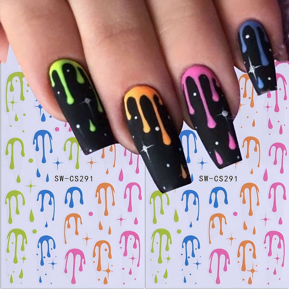 Image of 2pcs Colorful Drip Nail Design Halloween Cute Nail Art Stickers 3d Decals Diy Self Adhesive Foils For Halloween Holiday Manicure Decoration