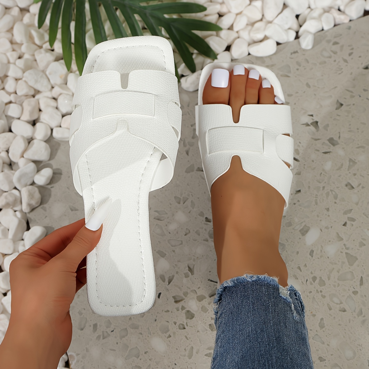 Women'S Flat Sandals - Colorful Square Toe Slip-On Shoes with Faux Cover Upper & Sole, Casual Summer Monogram Footwear in White, Pink, Yellow, Blue, Green & More, Everyday Sandals | Square Toe Design | Synthetic Cover Sandal