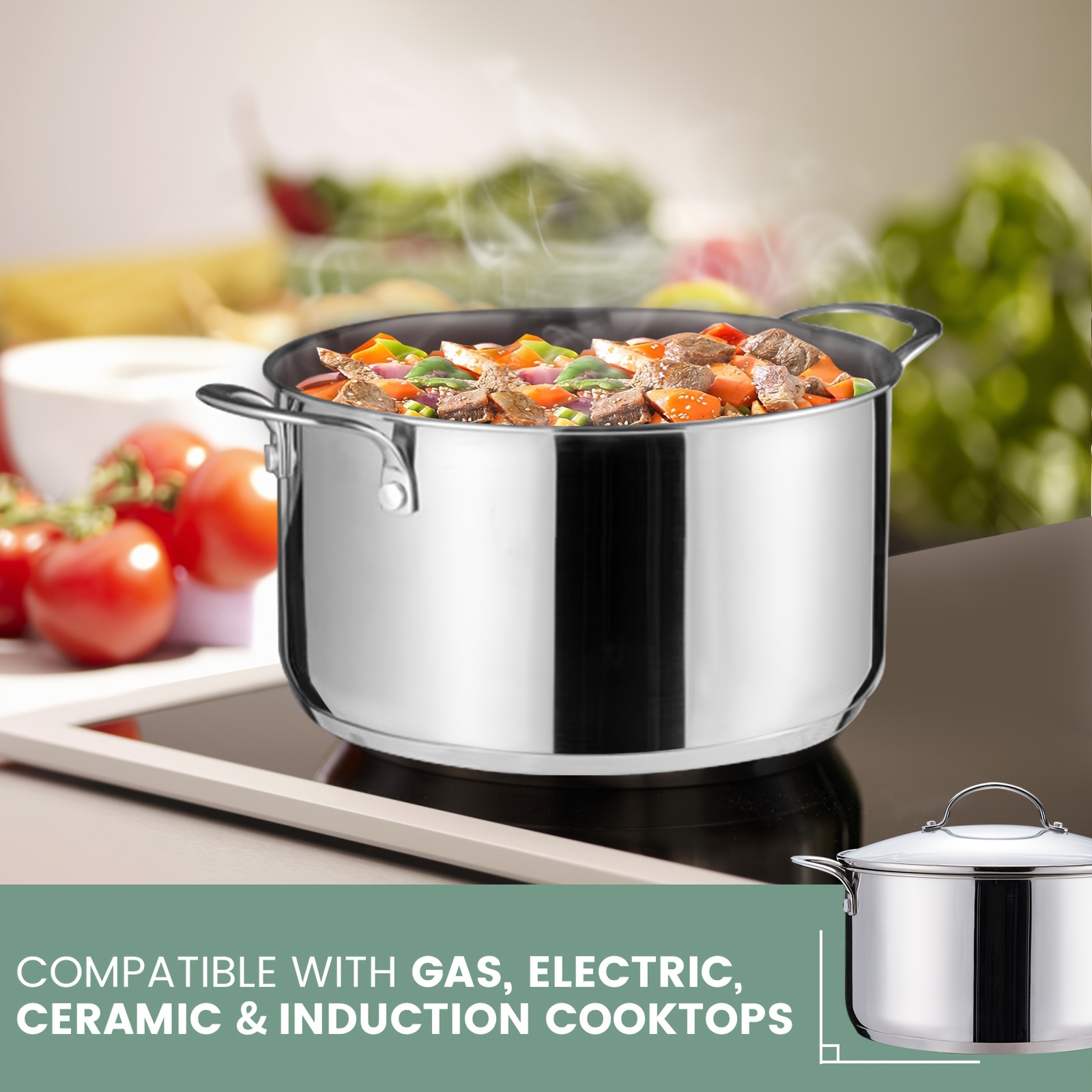 TEMU 6 Quart Stainless Steel Kitchen , Induction Cooking Pot With Lid For Soup Pasta Vegetable, Induction Cooking Pot For All Stoves, Heavy-duty Pot With Double Handle, Dishwasher Safe, Silvery