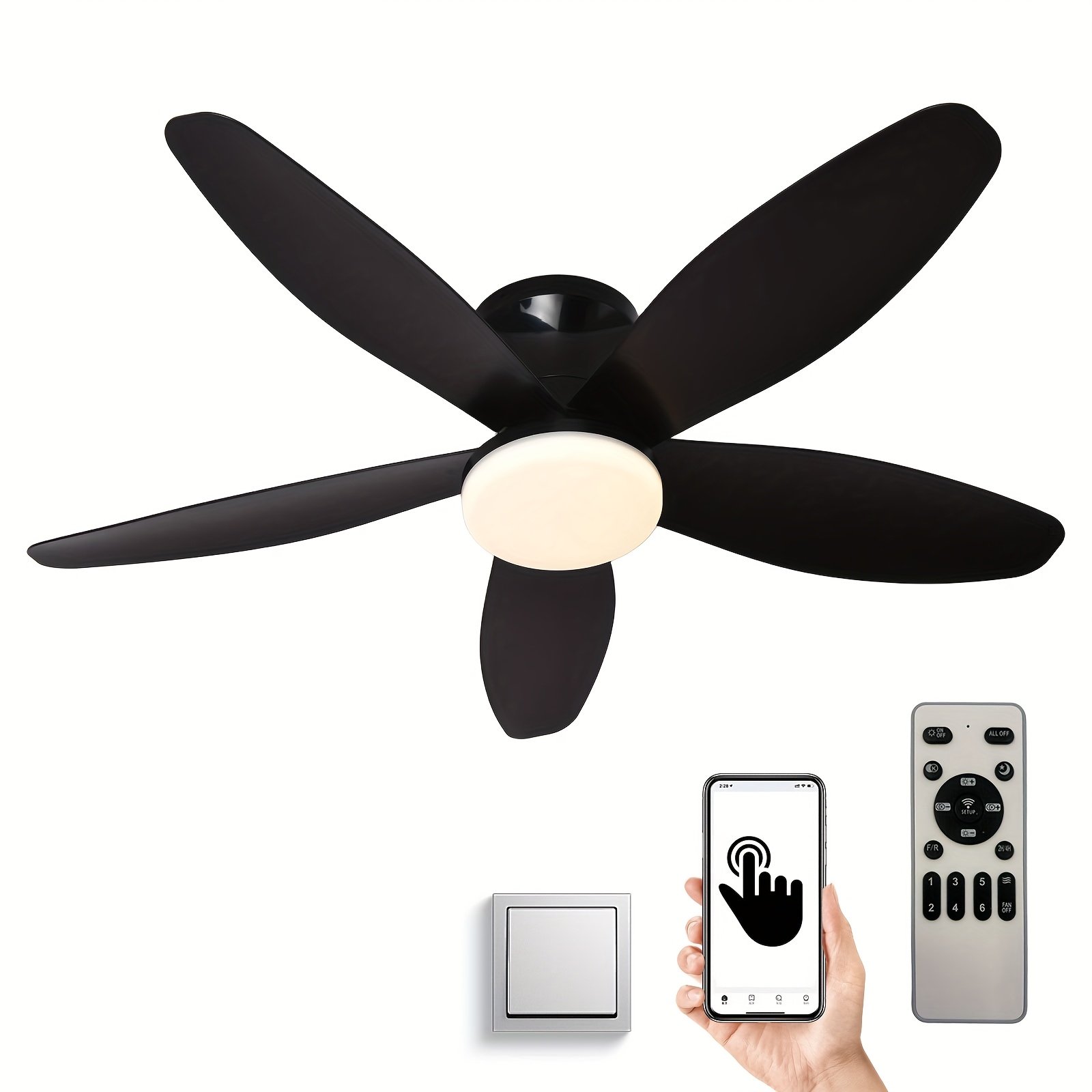 36" Ceiling Fans with Lights - Low Profile Ceiling Fan with Light And Remote Control, Flush Mount, LED Dimmable, DC Reversible, Black Ceiling Fans for Bedroom, Indoor/Outdoor Patio