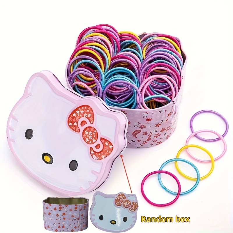 E-shop Haargummis, Hello Kitty Stirnbänder 100er Set - Süße, strapazierfähige, gemischte Farben Gummibänder, Cartoon-Drucke und Schleifendesign, mit