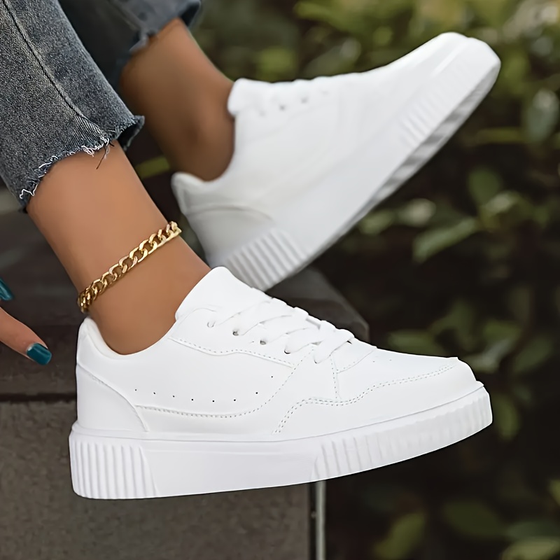 Image of Women's Shoes, Ladies White Sneakers Outdoor Casual Athletic Shoes, Lace- Sole Quilted Skateboard Shoes, Low-top Comfortable Breathable Shoes
