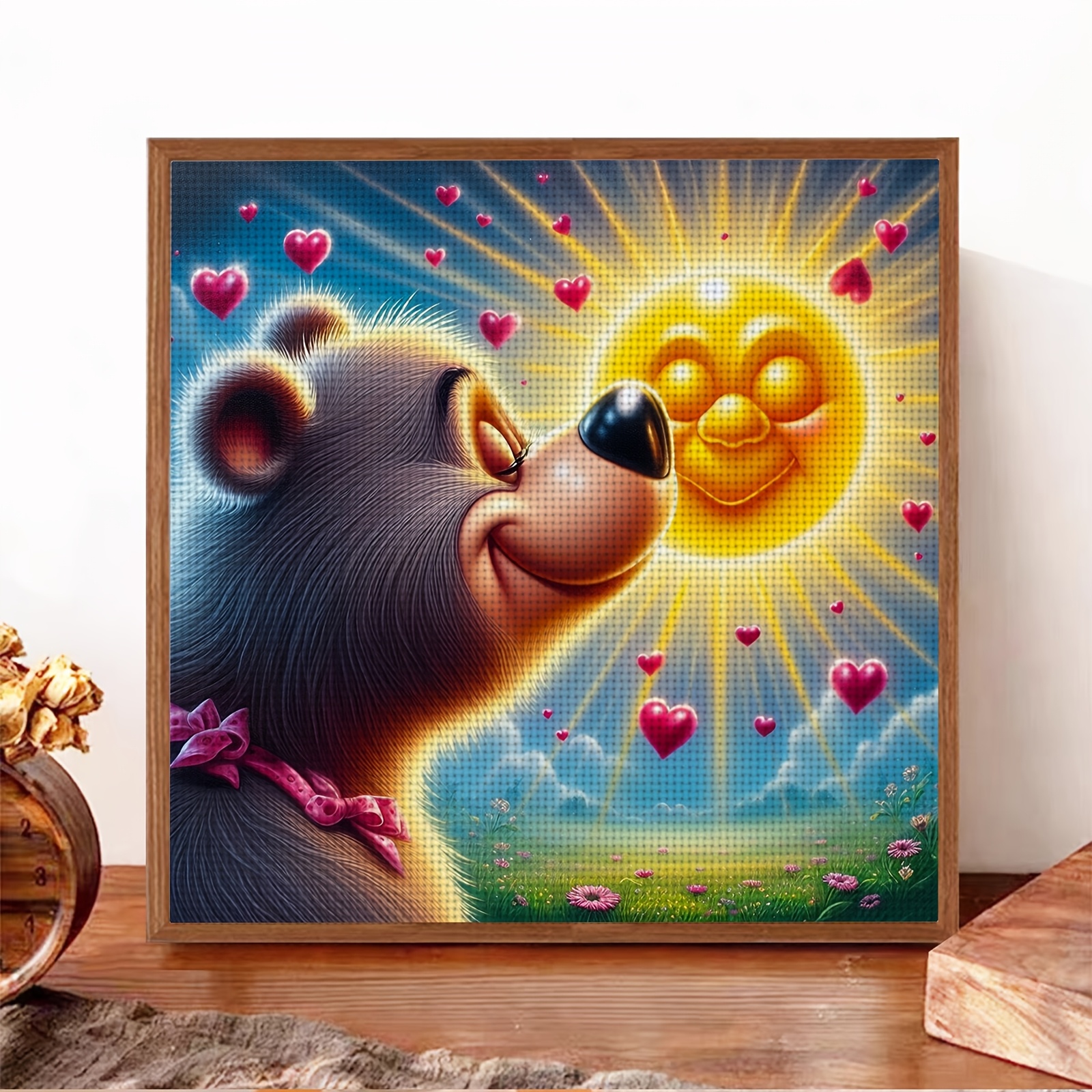 Frameless 11CT Printed Fabric Cross-Stitch Kit Featuring Bear Kissing Smiling Sun