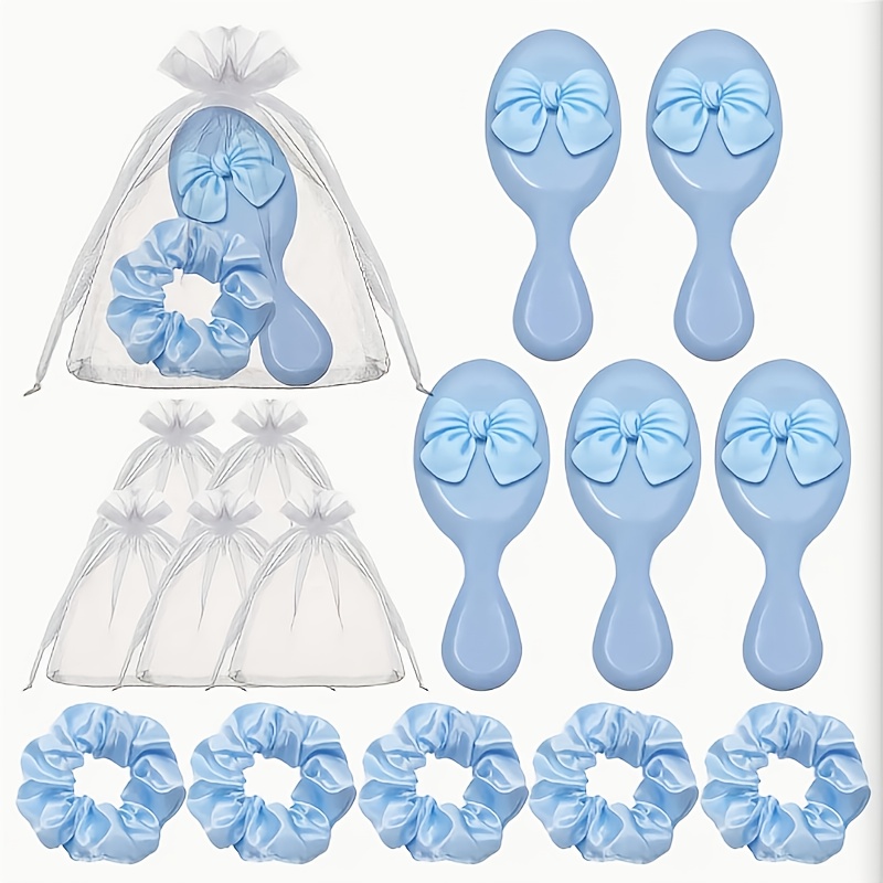 Image of Gift For Her/him 15pcs Party Supplies Set, Including 5pcs Bow Hairbrushes, 5pcs Hair Ties, 5pcs Organza Bags, Suitable For Party Favors, Halloween, Christmas