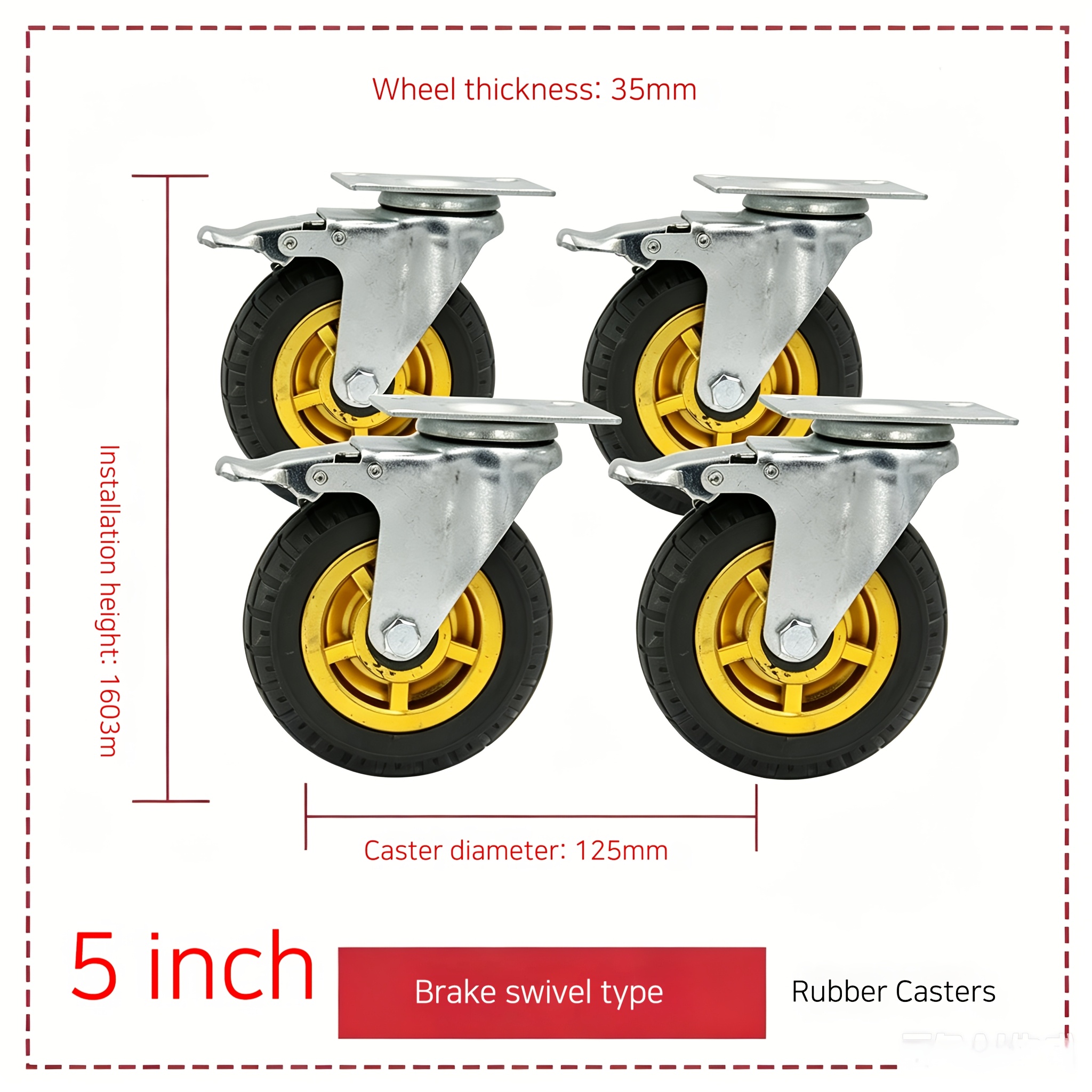 TEMU Heavy-duty Universal Wheel Set (4pcs), Rotating Plate-type Universal Wheels, Double Locking Brakes, Silent Rubber Wheels, 360-degree Rotation,