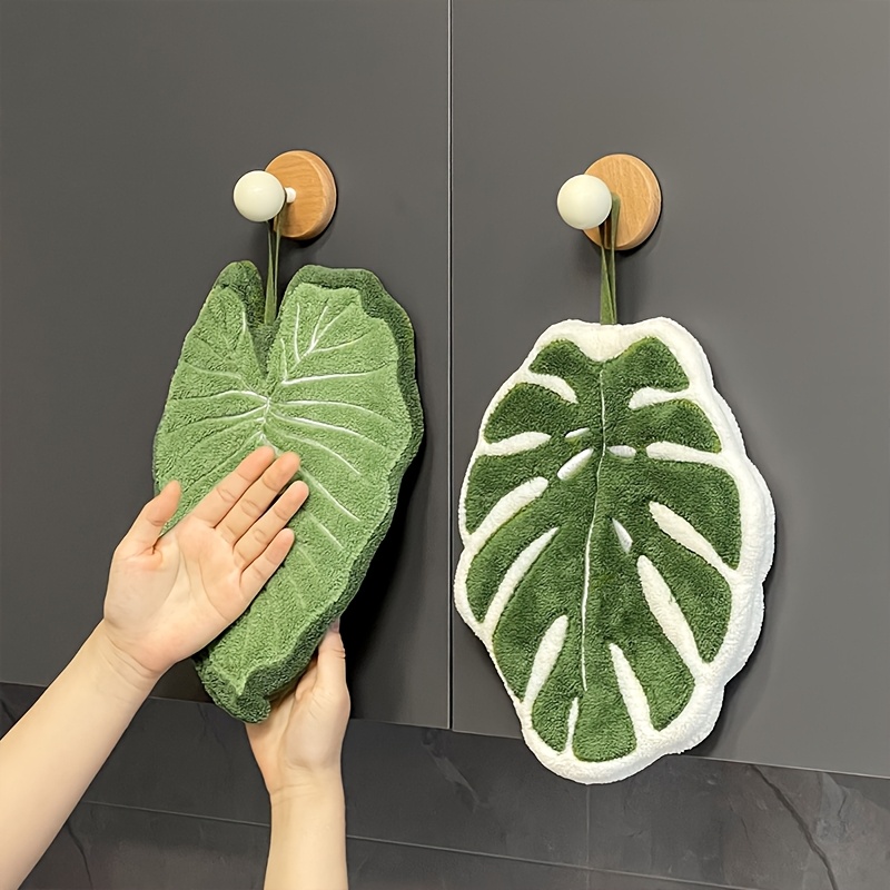 Image of 2pcs Creative Leaf-shaped Hanging Fingertip Towels, Thickened Monstera Leaf Absorbent Cleaning Cloths, Coral Small Towels For Bathroom, Kitchen, And Home Use