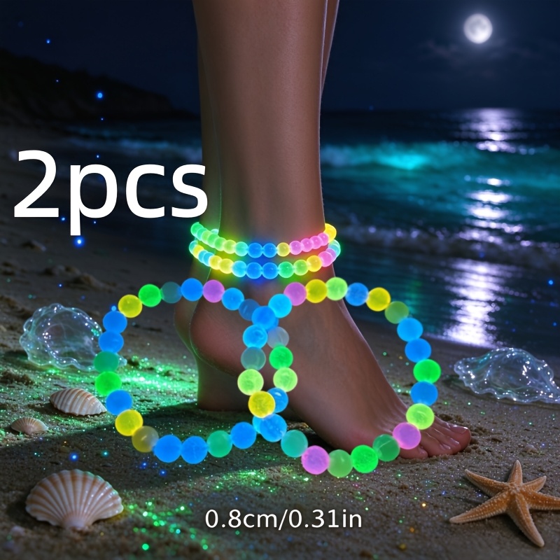 TEMU 2pcs Women's -the-dark Acrylic Bead Ankle Bracelets - Bohemian Style Multicolor Gradient Non-toxic Jewelry For Casual Attire, Valentine's Day
