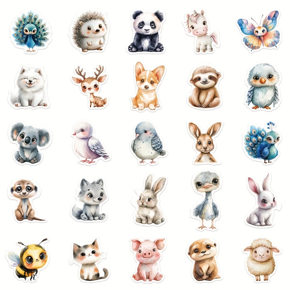 Image of 50pcs Watercolor Animal Cute Aesthetics Stickers Ins Doodle Cartoon Decals Pack Halloween Christmas Decoration Suitcase Bottle Laptop Skateboard Luggage Party Gift