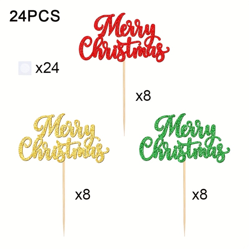 Image of 24pcs Merry Christmas Cupcake Toppers For Xmas Cake Toppers Picks, Christmas New Year Party Cake Decorations Halloween&christmas For Christmas,newyear,valentine,party Events