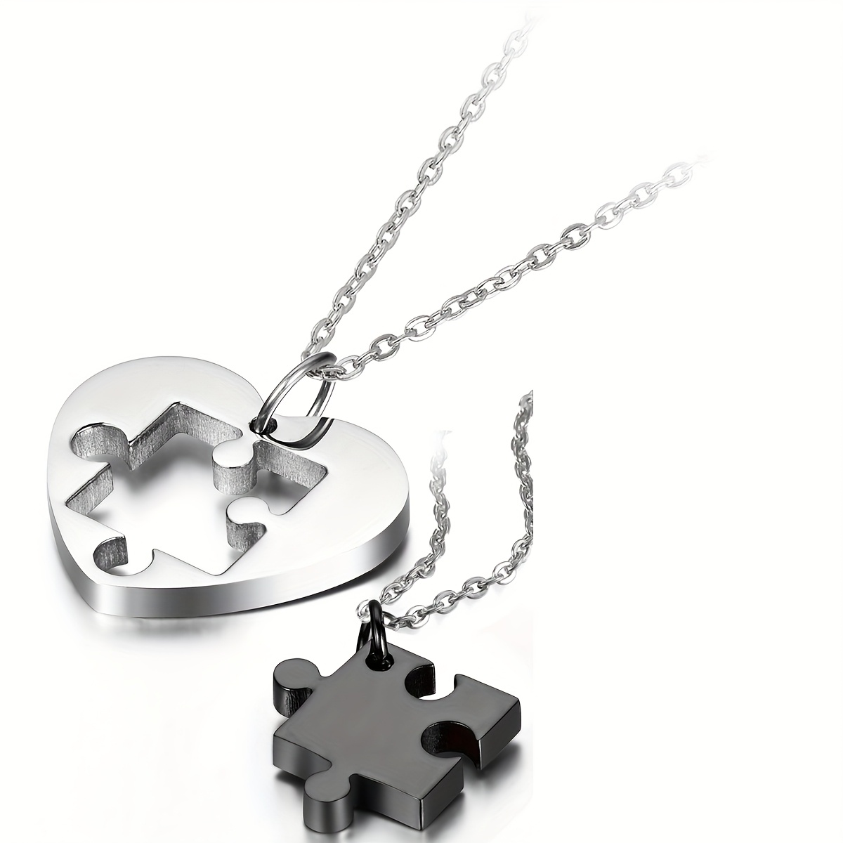 TEMU 2pcs Mens Womens Couples Stainless Puzzle Pendant Love Necklace Set, 18 And 22 Inch Chain, Black Silvery Color