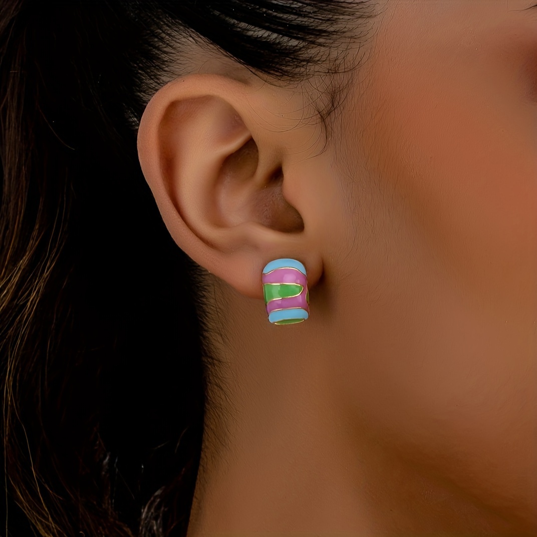 Sweet Elegant Multicolor Enamel Hoop Earrings, Holiday Style