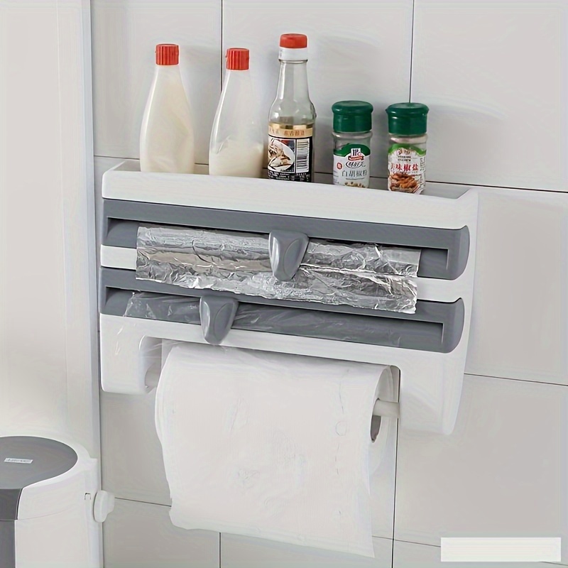 [Kitchen Organizer] Durable Wall-Mounted Kitchen Organizer | With Built-In Scissors And Aluminum Foil Dispenser - Suitable for Oil Paper, Baking Paper, Towels And Paper Rolls - Home Storage Solution, No Power Required