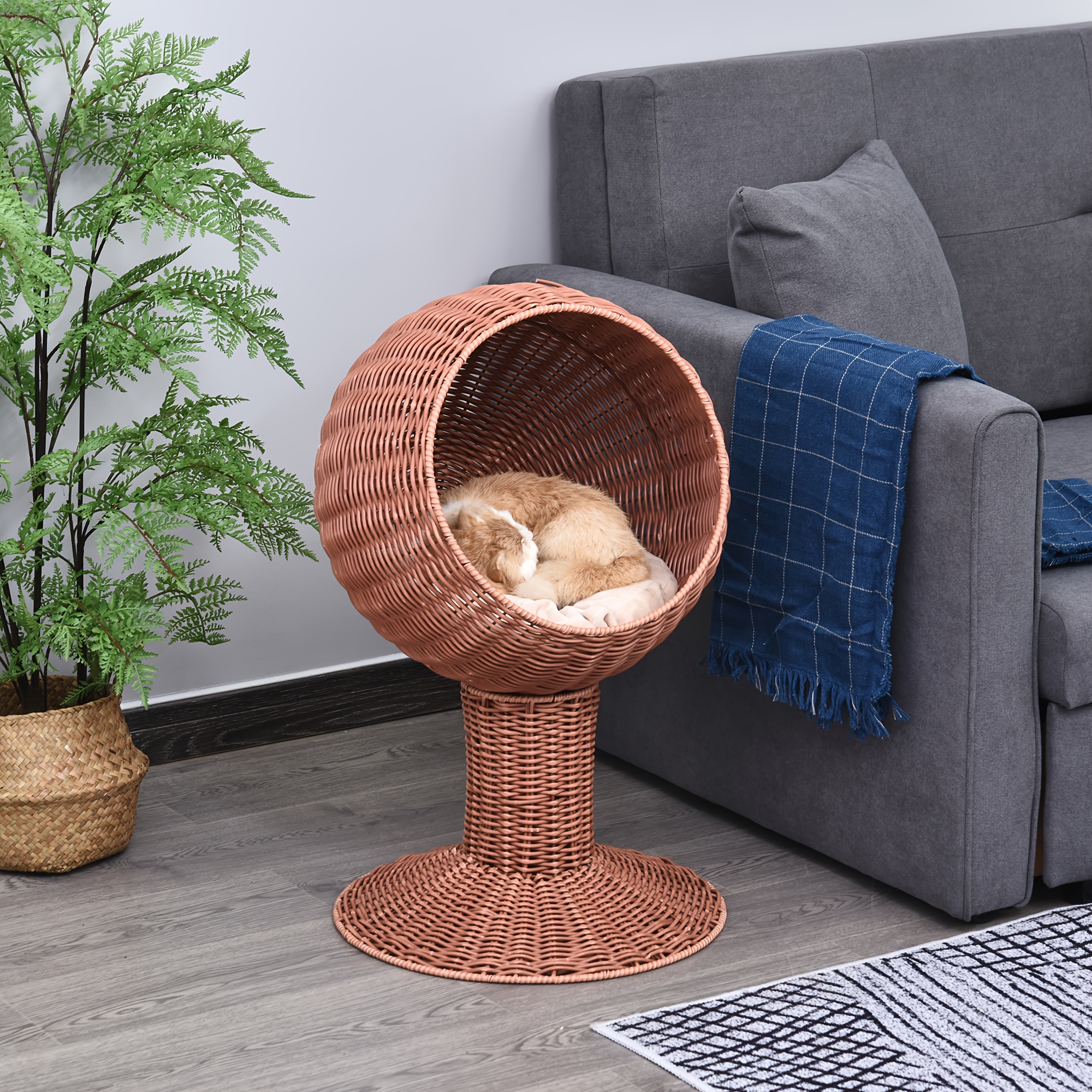 

Pawhut Elevated Cat Bed With Rotatable Egg Chair Pod, Cat Basket Bed With Thick Cushion, Grass Woven Kitty House, Brown