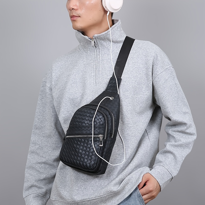 Sac de Poitrine Homme — Tressé Cuir PU Multicompartiments Sac de poitrine pour homme, sac bandoulière en PU pour homme, sac à bandoulière décontracté multi-compartiments, sac à dos léger pour les trajets quotidiens