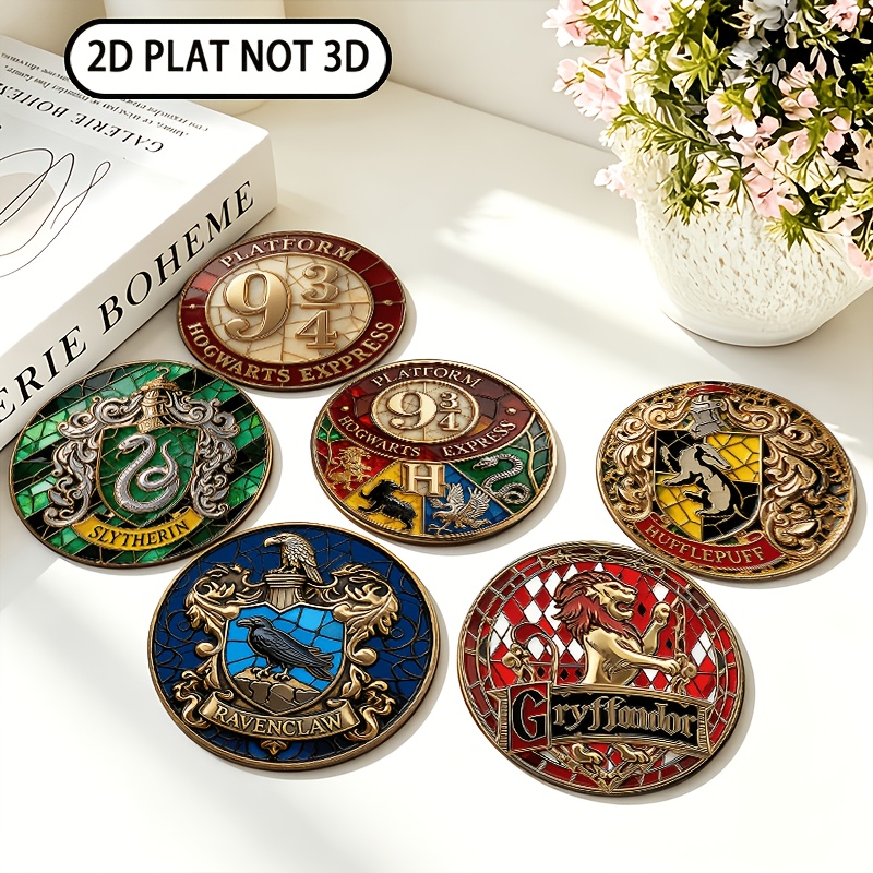 TEMU 6pcs Harry Potter Hogwarts 4 Houses Themed Coasters, Drink Mats, Gryffindor Slytherin Ravenclaw Hufflepuff Pattern Coasters, 9 And 3/4 Platform