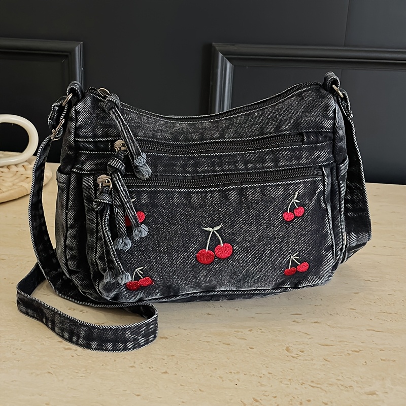 TEMU Women's Shoulder Bag/women's Shoulder Crossbody Bag, Cute Cherry Embroidery Shoulder Bag, Multi-, Adjustable Shoulder Strap Casual Hobo Bag,