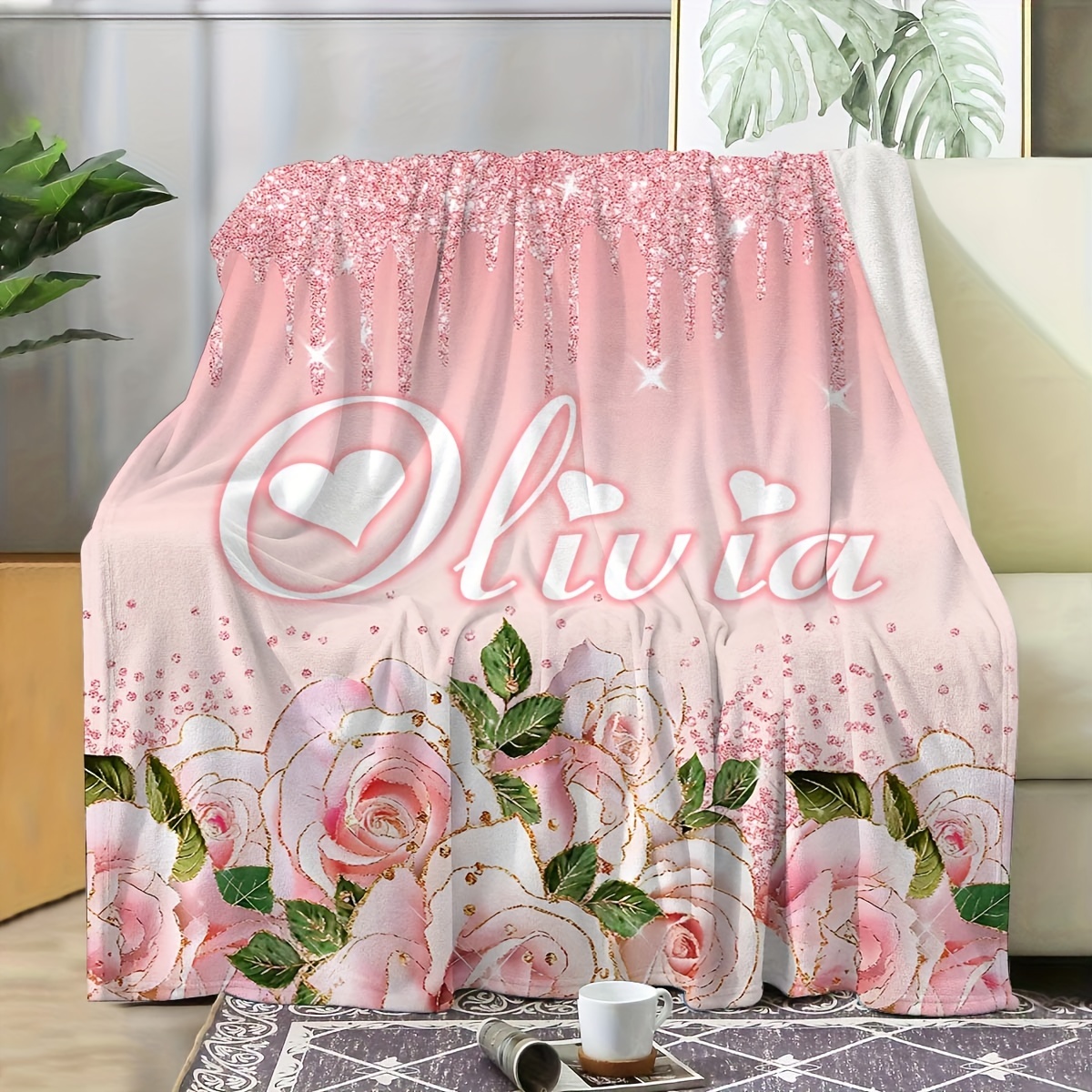 

Personalized Floral Fleece Blanket: Perfect For Travel, Holiday Gifts, Or Home Decor - Custom Name Included