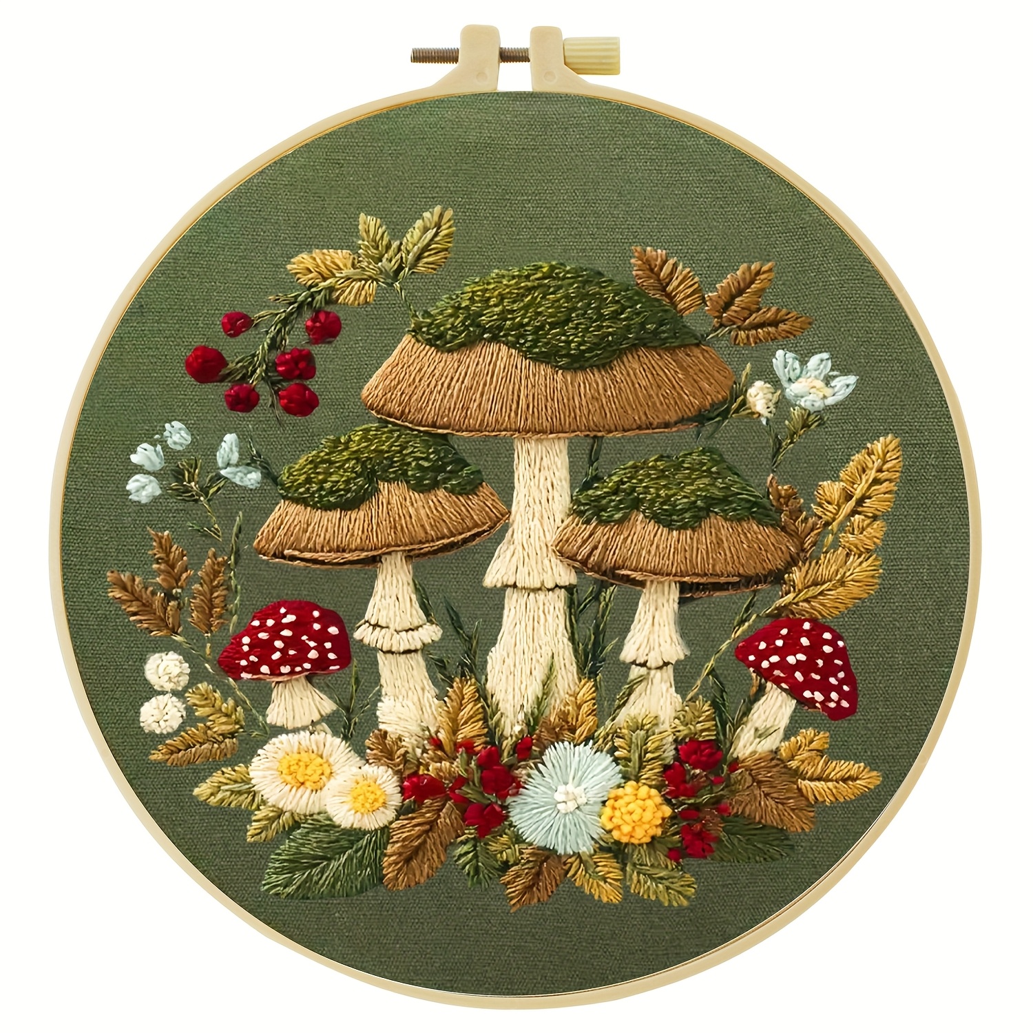 TEMU Jozysh 1 Set Of Embroidery Kit For Adult Beginners, 20x20cm/7.9x7.9inch Featuring A Printed Embroidery Design Of Mushrooms In . This Beginner's