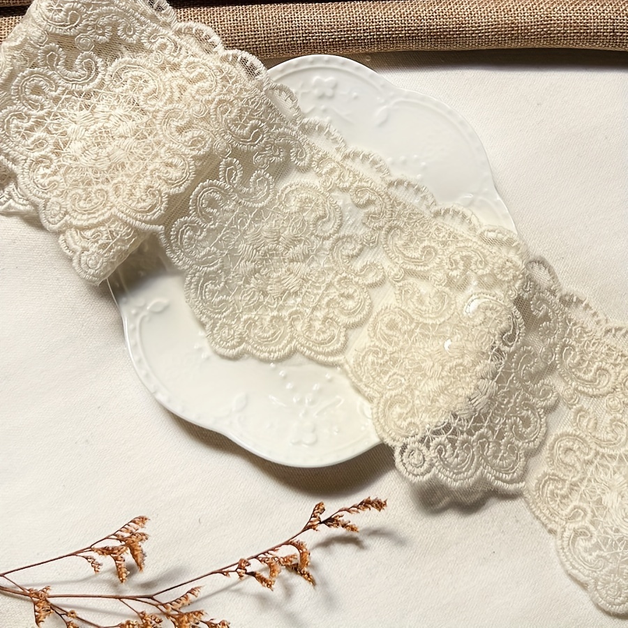 White And Apricot Embroidered Lace Trim, 9cm Width, European Style Decorative Lace For Diy Crafts, Doll Dresses, And Garment Edging -