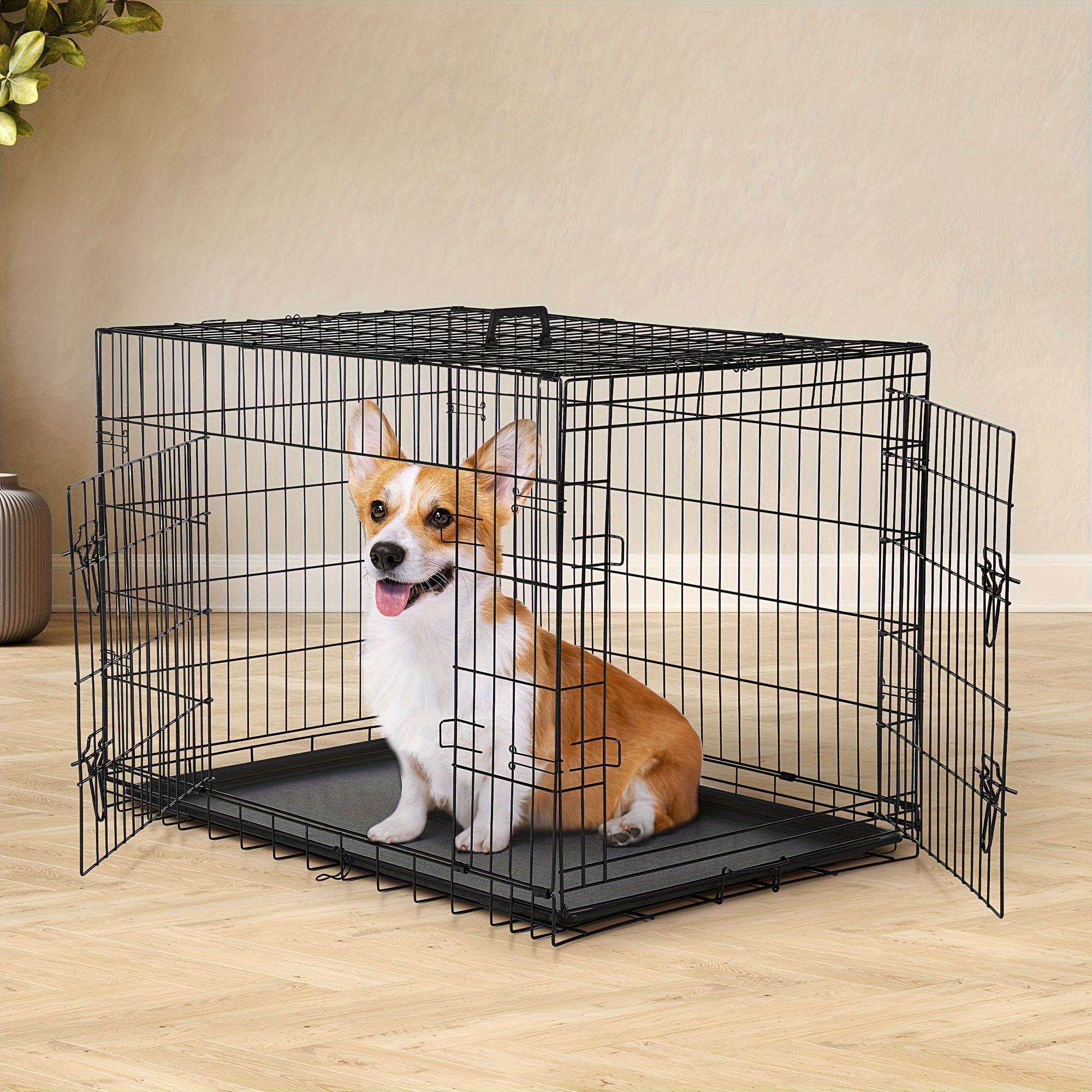 

36" Black Metal Wire Dog Crate For Medium Dogs (39.7-70.5 Lbs), Foldable Pet Kennel With Divider, Dual Doors, Slide-bolt Locks & Leak-proof Pan - Versatile Indoor/outdoor Travel Cage